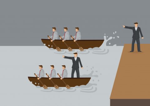 Two teams of people rowing boat in the water, one with leader standing on land and one with leader in the boa. Creative vector illustration for concept on different types of leadership style.