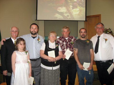 (Photo: Left to Right: Pastor Darrell Beaudoin, Hanna Jesson, Derrick Jesson, Mary Martin, Arthur Courts, Jacob Marler, Charlie Mark)